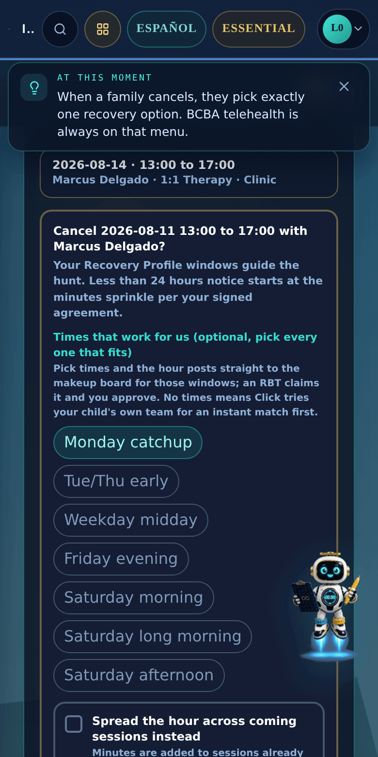 The caregiver app at the moment a session is cancelled, showing the makeup windows a family can offer