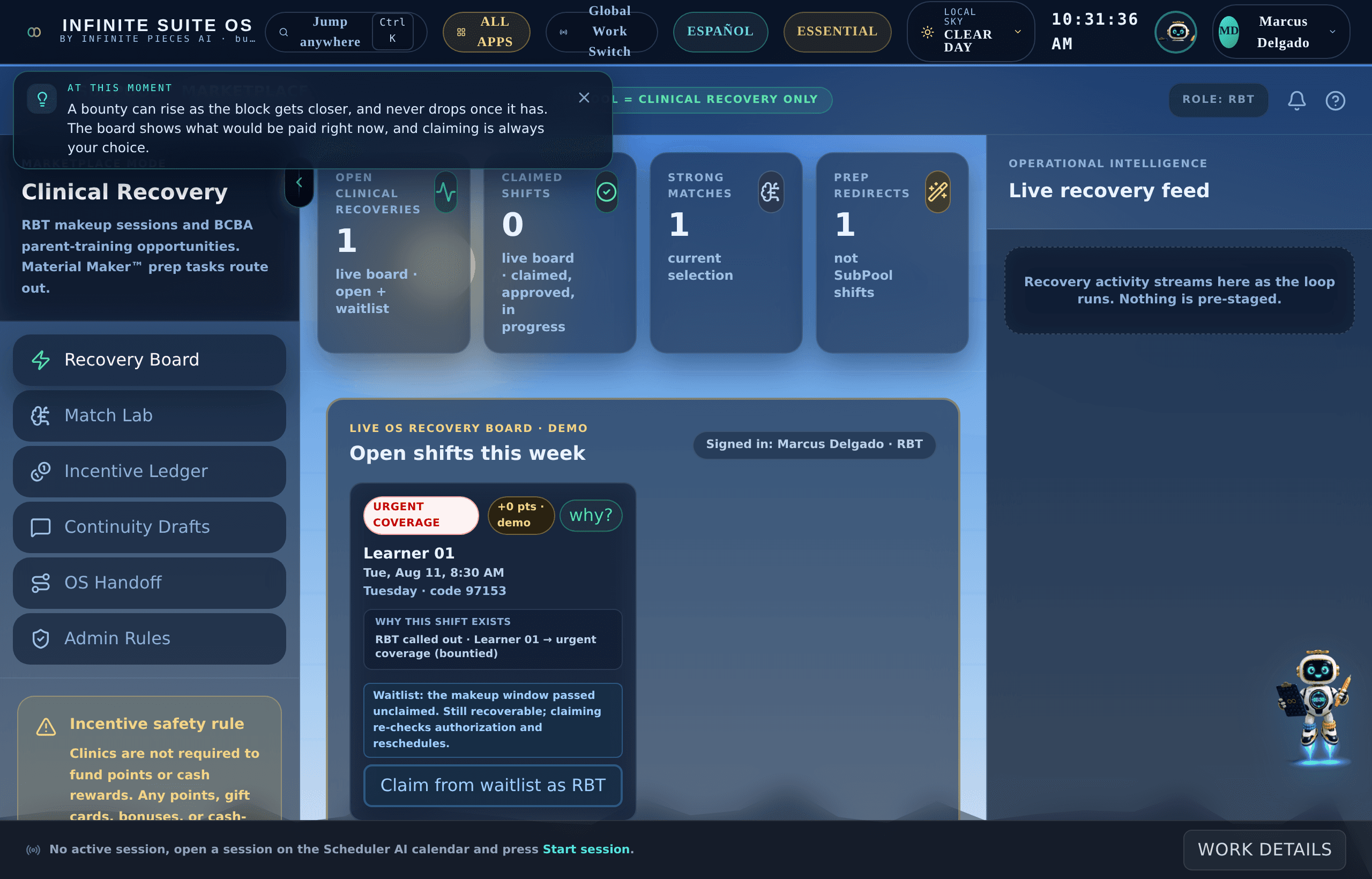 The open board showing an urgent coverage hour a technician can choose to claim